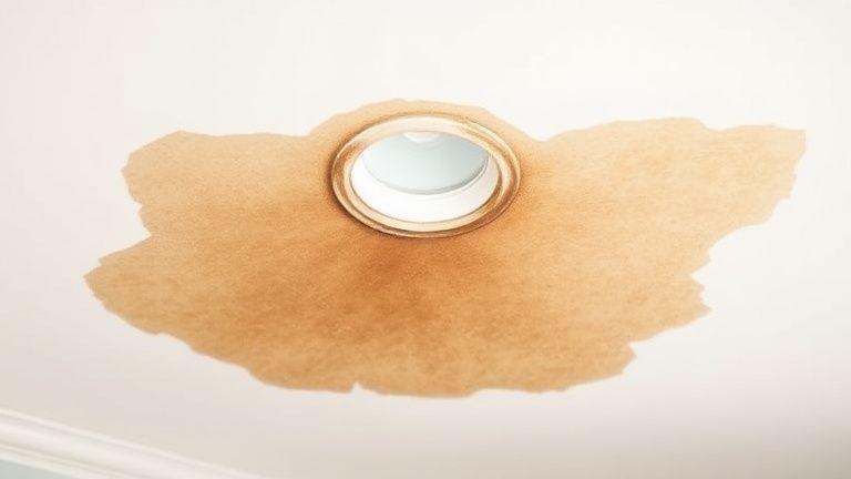 Brown water stain spreading across a white plaster ceiling
