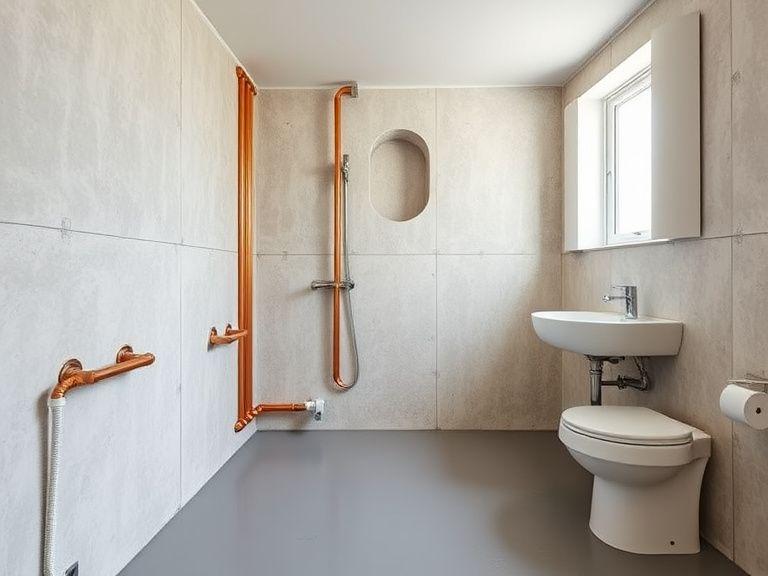 Newly re-piped and waterproofed condominium bathroom before tiling