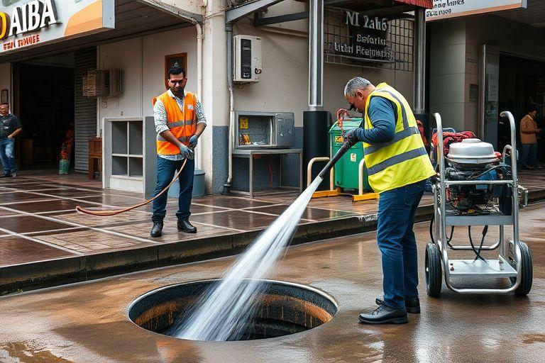 Technician clearing an outdoor drain with a high-pressure jetting hose