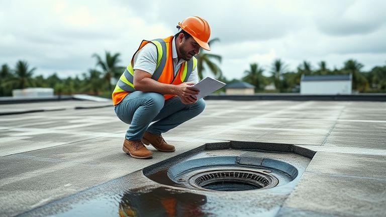 Inspector checking ponding water on a flat concrete roof
