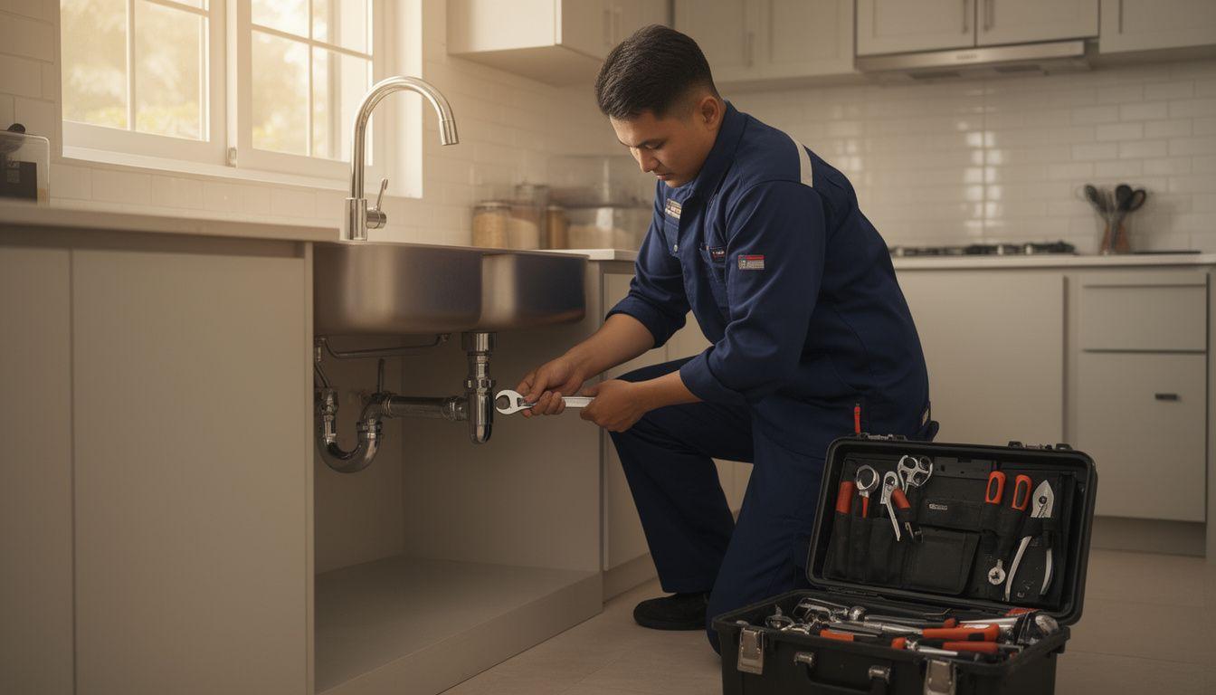 Plumber tightening a copper pipe fitting under a sink in a Kuala Lumpur home