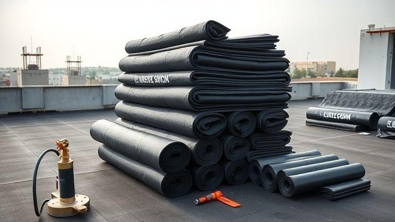 Rolls of bituminous waterproofing membrane stacked on site
