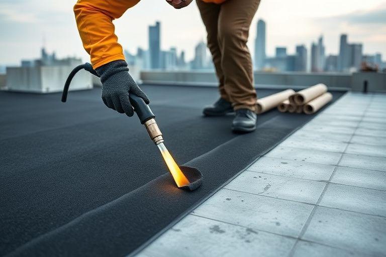 Worker torch-applying bituminous waterproofing membrane on a flat roof