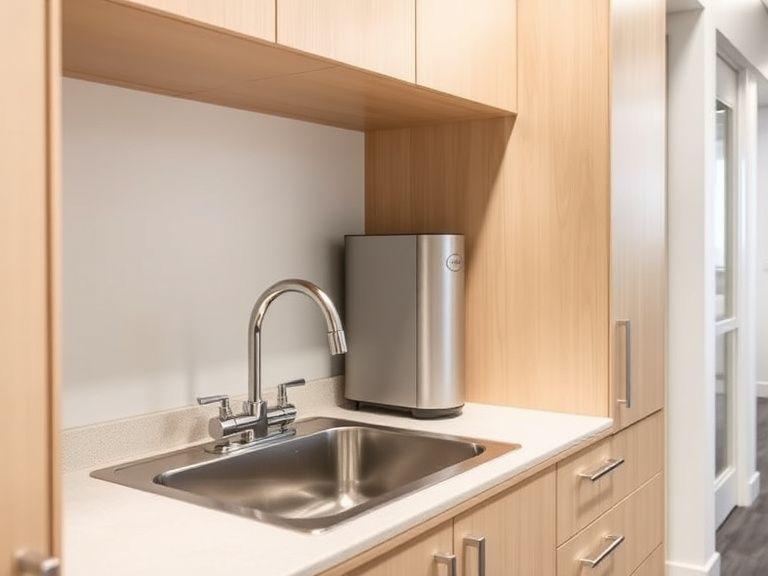 Completed office pantry with new sink plumbing and filtration point