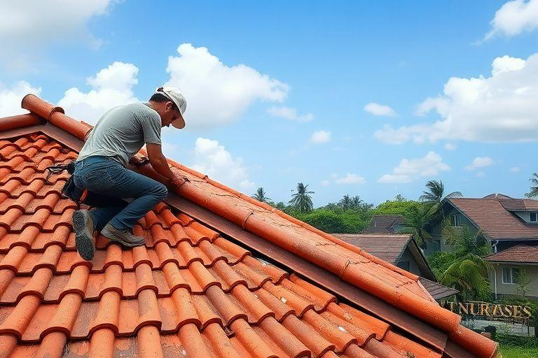Roofer replacing broken clay tiles on a Malaysian terrace house