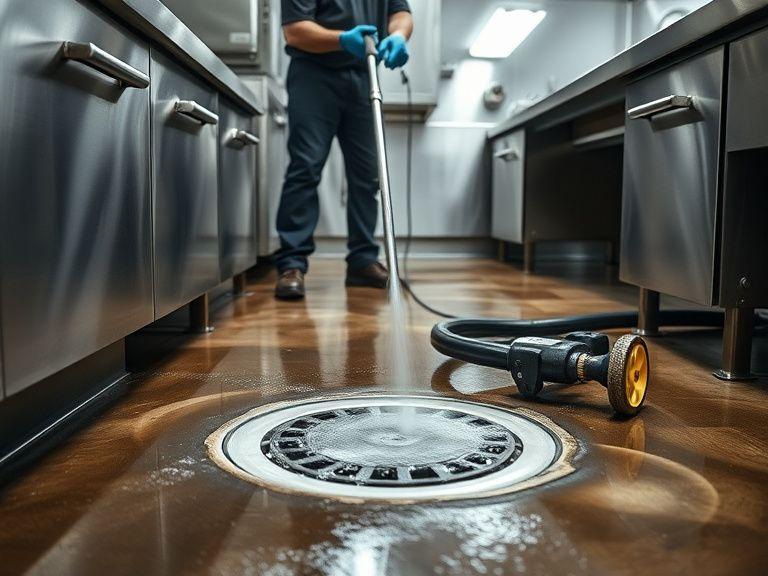 High-pressure jetting of a restaurant kitchen discharge line