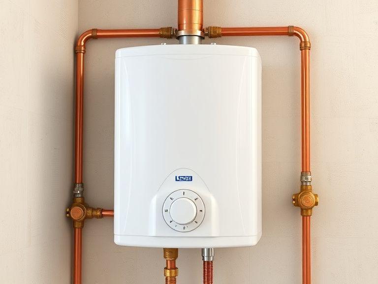 New storage water heater installed with copper piping and isolation valve